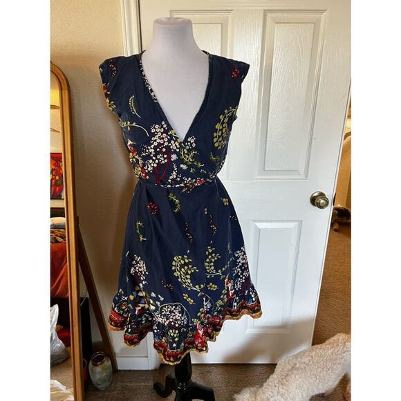 Boho Floral Cotton Wrap Dress – Blue Bird Print – Size Large by Solaris - Picture 2 of 14